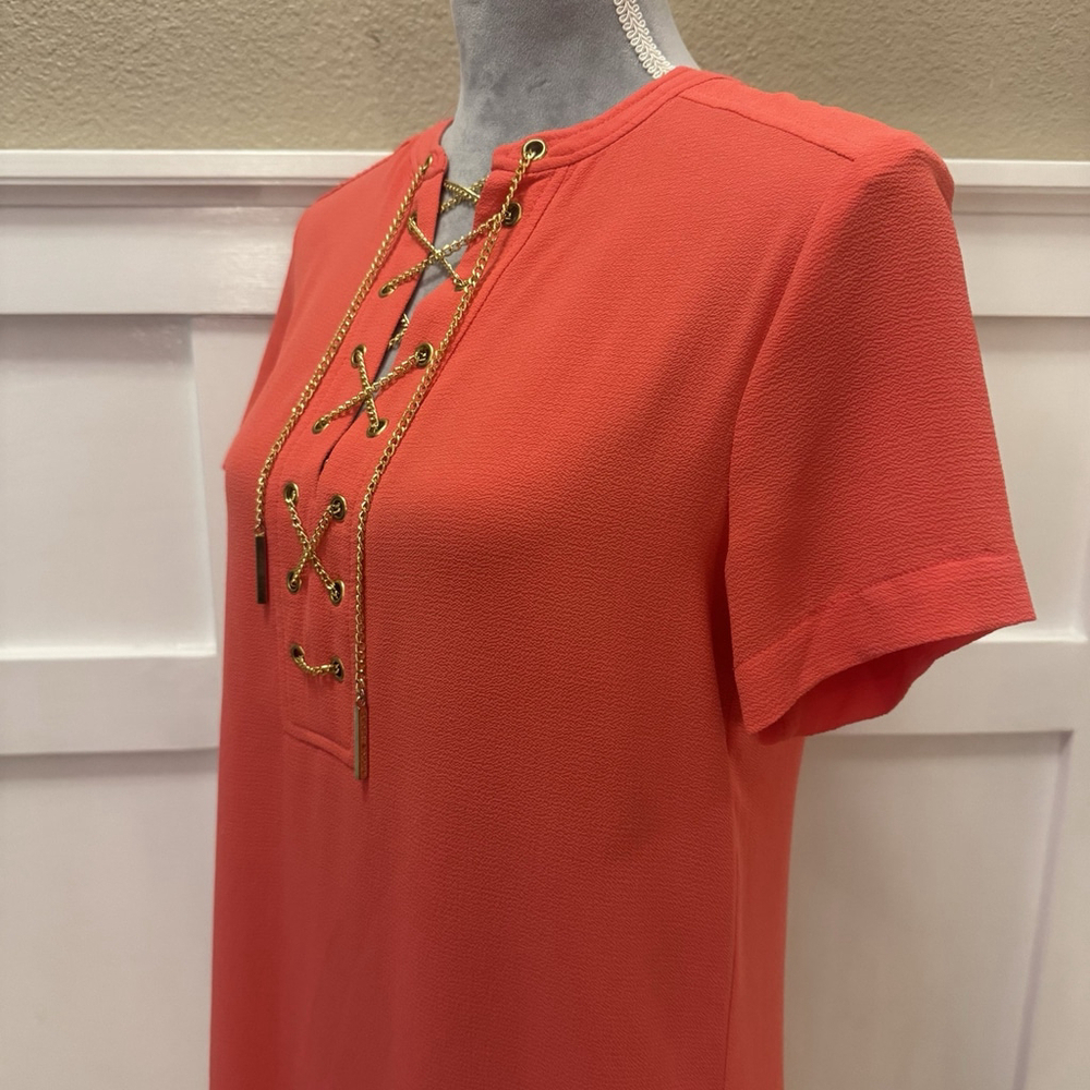 Michael Kors Women's Size:S Mini Dress Short Sleeve Gold Chain Detail Orange Red - Picture 4 of 12